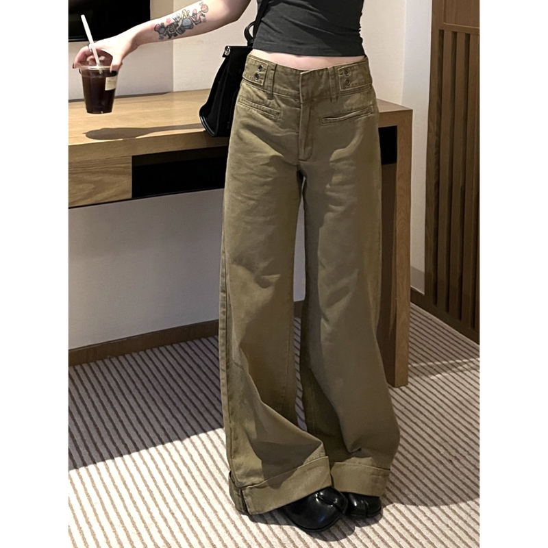 Simaotuo Spring and Summer Retro Loose Straight-Leg Flared Slimming Low-Waist Design Rolled Hem Floor-Length Jeans Trousers
