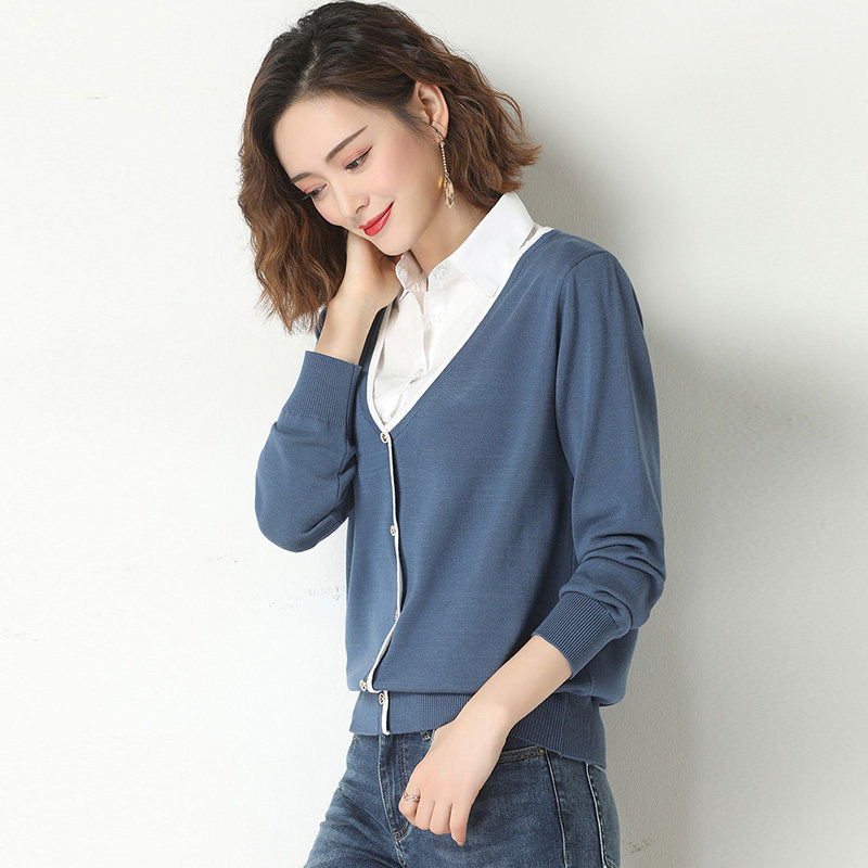 Ditutun women's shirt collar sweater women's autumn clothing 2021 new autumn fake two-piece top knitted bottoming shirt