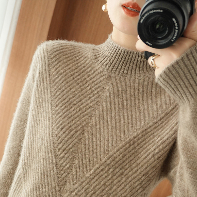Dittutown 2021 Winter new cashmere sweatshirt female inclined pit strips half high round neckline 100% wool needles sweater sweater