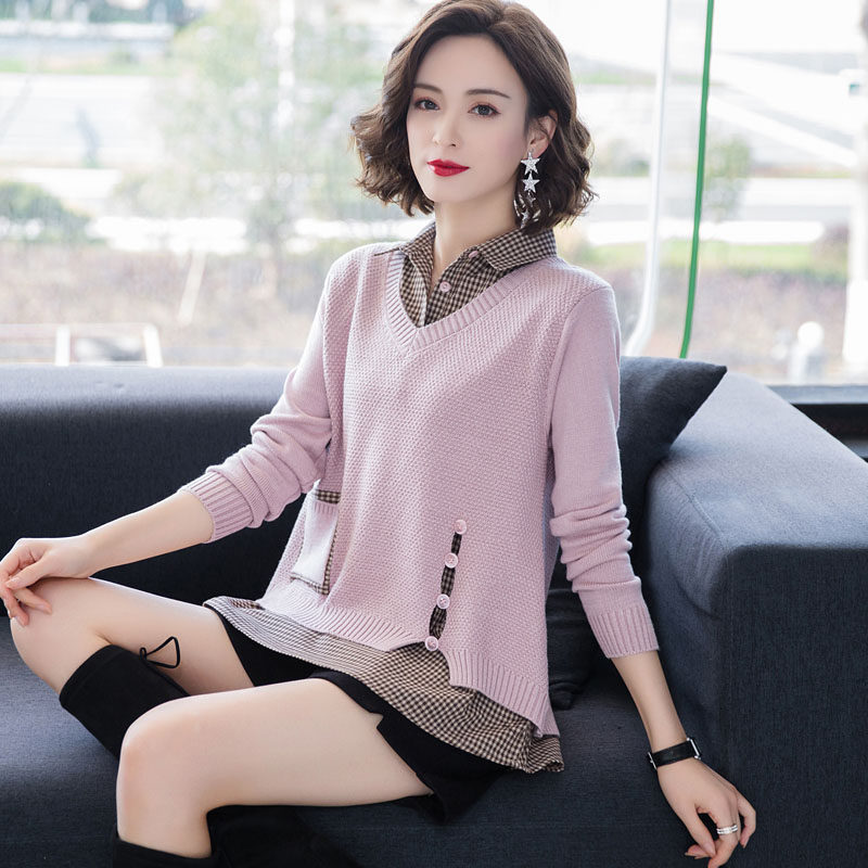 Dittudun Autumn Clothing Fake Two Extras Sweater Lady Autumn Winter 2021 New Autumn Dress Women's Dress Polo Shirt