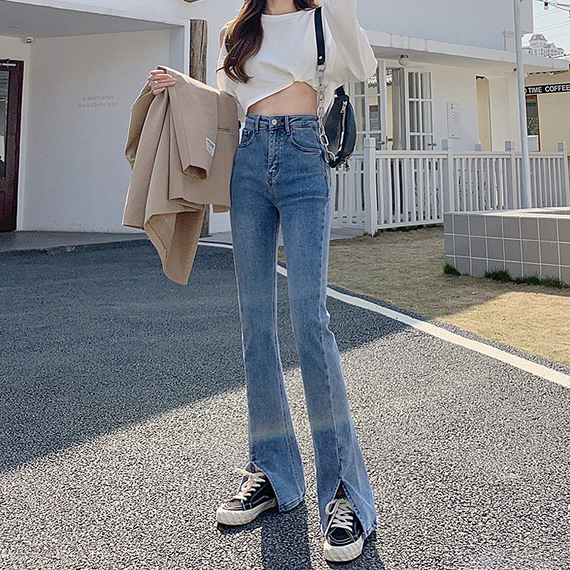 Ditutun high-waisted slit jeans women's 2021 look thin and slightly flared wide-legged slit floor mopping flared pants