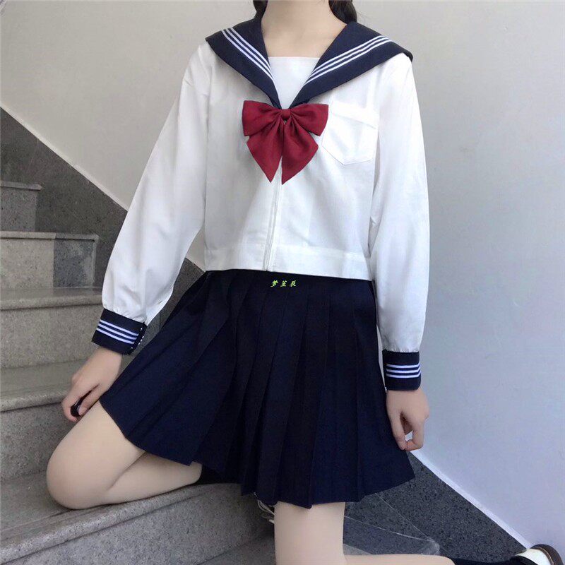Orthodox Cyan Collar White Three JK Uniform Skirt Student Long Sleeve Suit Basic Middle Suit sailor suit Spring and Summer