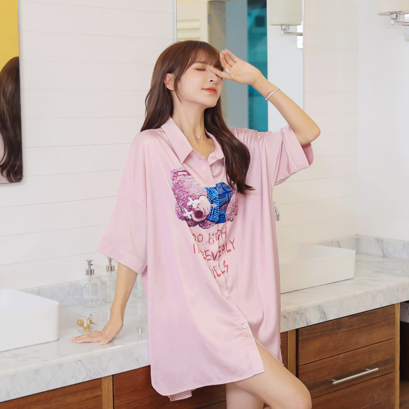 Pink shirt ice sleepdress female summer 2021 new red blow in the long shirt sexy silk sleepdress