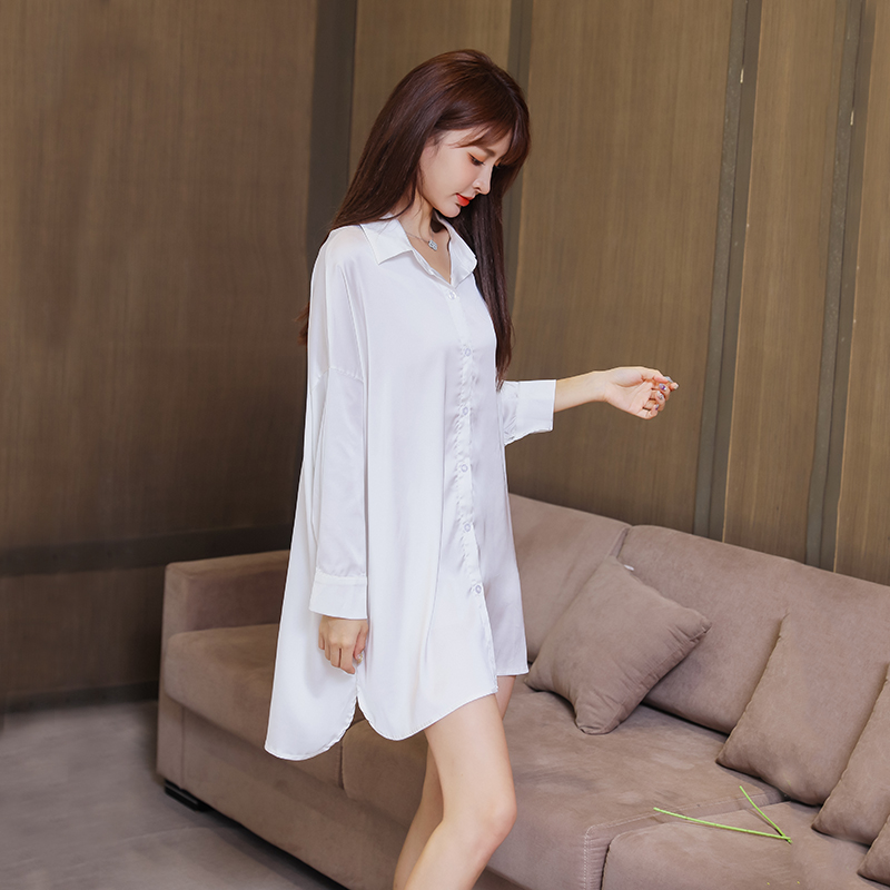 Long version white shirt sleeping clothes true silk ladies spring autumn 2022 new boyfriend wind long sleeve ice silk shirt sleeping in summer