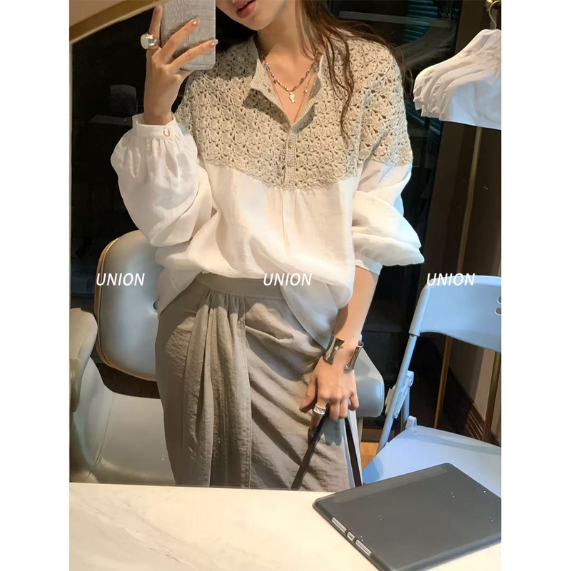 Union Officially Authorized Concise White 26 Spring/Summer Crochet Knit Patchwork Shirt