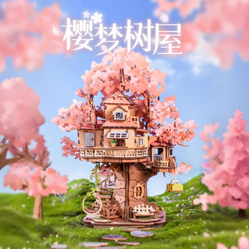 Rolife Sakura Dream Tree House 3D Stereo Puzzle Building Blocks Toy Handmade Wooden Assembly Model Ornament Gift