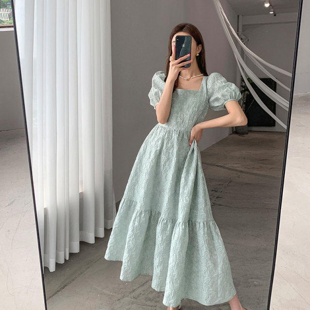 French tea break jacquard square collar puff sleeve dress women 2022 new summer high-end temperament goddess fan skirt