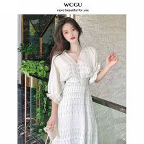 Gentle style French first love Lady dress temperament sweet bubble sleeve waist thin cover meat age long skirt summer