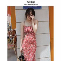 Floral suspenders dress womens long French slim temperament sexy bag hip long skirt 2020 new summer