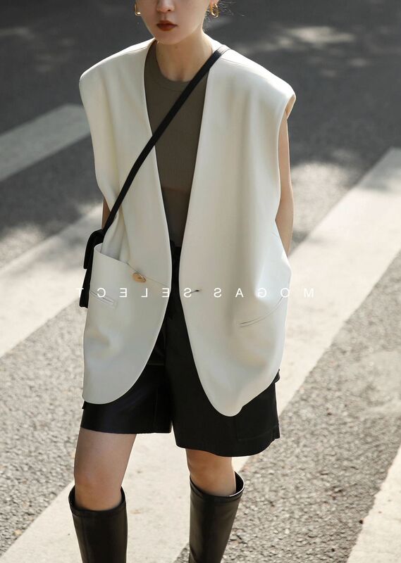 French-Style Mid-Length Suit Vest for Women, Summer Sleeveless Outerwear, Loose and Casual Style, Elegant Sleeveless Top