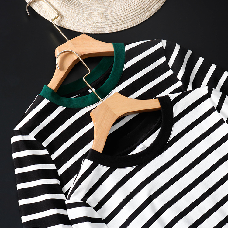 Japanese single new simple contrast color neckline cotton navy stripes thin long-sleeved T-shirt top women's autumn TXPI0728C