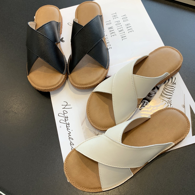 Japanese single new cross show thin soft bottom all-match comfortable leather flat bottom sandals slippers women