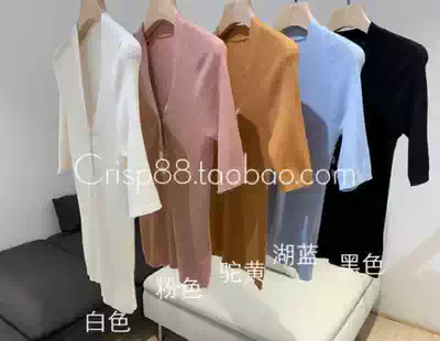 Breasted design sense French vintage V-neck thin thin 18-needle worsted wool half-sleeve knit shirt top T-shirt