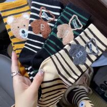 Stockings womens sports socks striped flocking bear ins tide Korean version of the retro sweet student Japanese personality