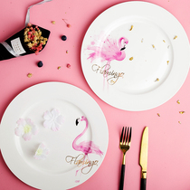 Plate dish plate Household phnom penh flamingo Western food plate Steak plate Creative simple flat plate Breakfast plate Bone China