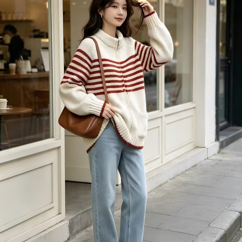 Vintage Striped Lapel Zipper Knit Cardigan for Women 2026 Early Autumn New Loose Slimming Sweater Coat for Petite Figures Vintage Striped Lapel Zipper Knit Cardigan for Women 2026 Early Autumn New Loose Slimming Sweater Coat for Petite Figures