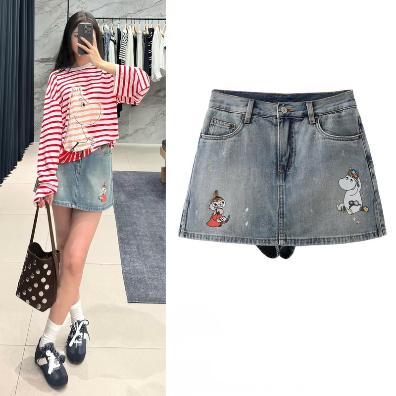 [Moomin Collaboration] Authentic Denim Shorts 2026 Summer New Vintage Cotton Printed Skirt Pants Mbf2Sot004