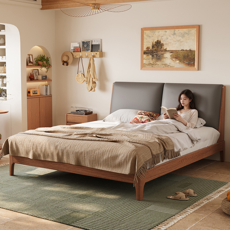 Tuscan Natural Style Russian Elm Solid Wood Bed for Master Bedroom, 1.8m Double Bed with Genuine Leather Soft Upholstery, Tatami Bed