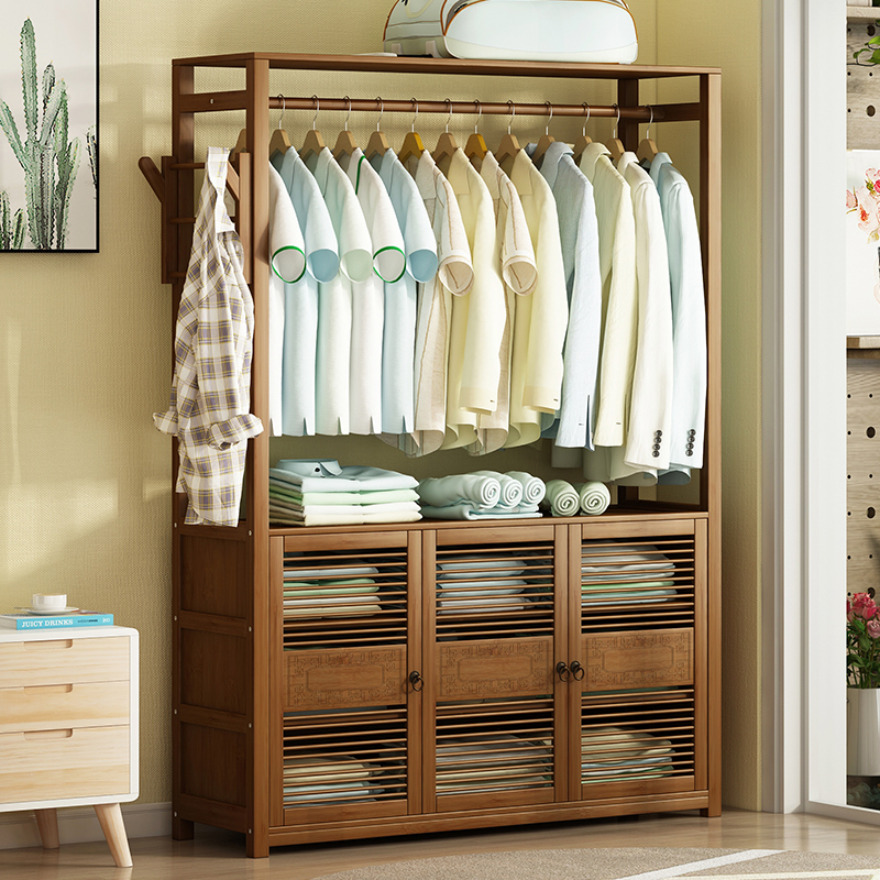 Modern solid wood Nanzhu cloakroom storage shelf Bedroom floor-to-ceiling simple hanger Single rod coat rack Large wardrobe