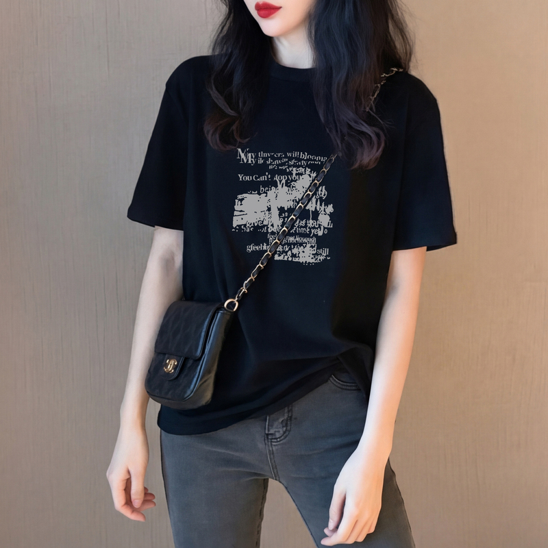 American-Style Printed Design Black Regular Shoulder Short-Sleeve T-Shirt for Women, 2026 Summer New Round-Neck Loose Slimming Top American-Style Printed Design Black Regular Shoulder Short-Sleeve T-Shirt for Women, 2026 Summer New Round-Neck Loose Slimming Top