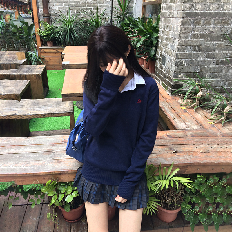 Shuiji Zhong/Original Jk Sweater Set V-Neck Pullover Class Uniform Embroidered Long-Sleeve Knitwear Autumn and Winter School Style