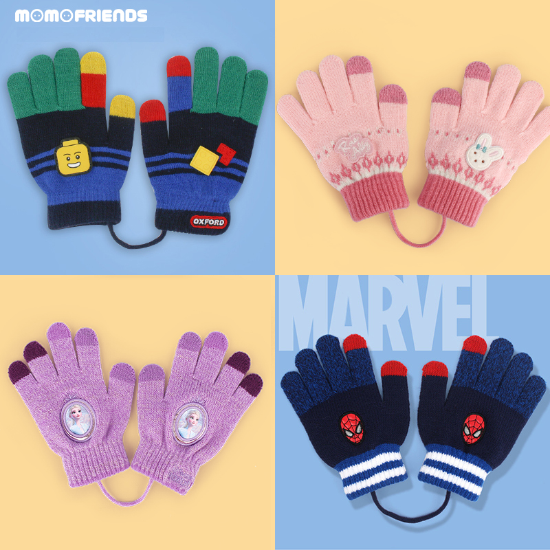 Wing house Official children's gloves Winter Spiderman Five means ice and snow chic edge male and female baby cute hair line