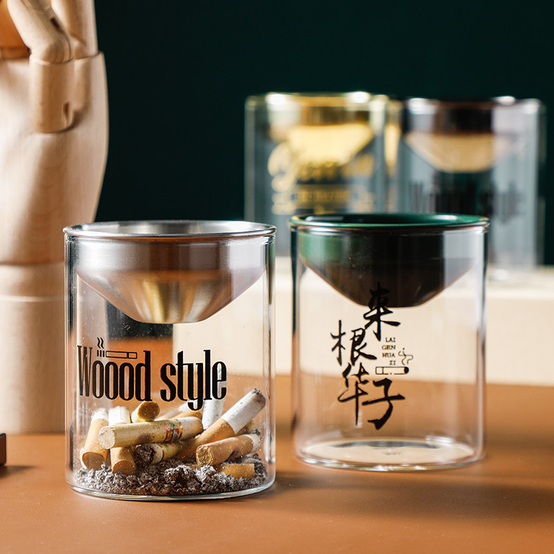 Creative stainless steel glass ashtray trend smoke cylinder home with cover personality stylish stewed living room bedroom anti-fly ash