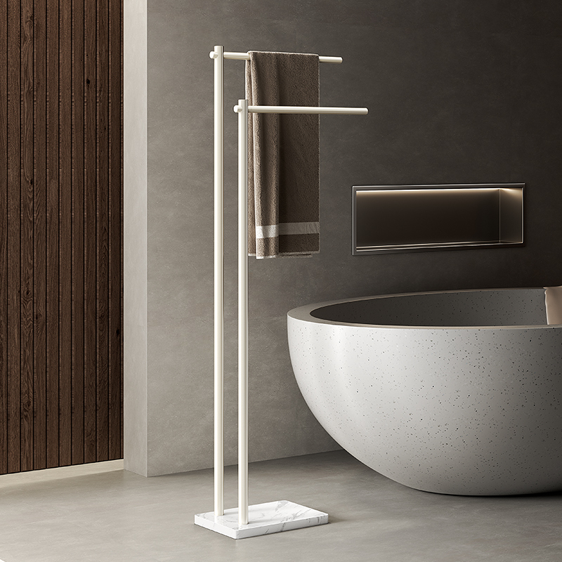 Solid Elevated Floor-Standing Marble Towel Rack Bathtub Storage Rack Bathroom Towel Bar Cream Style White