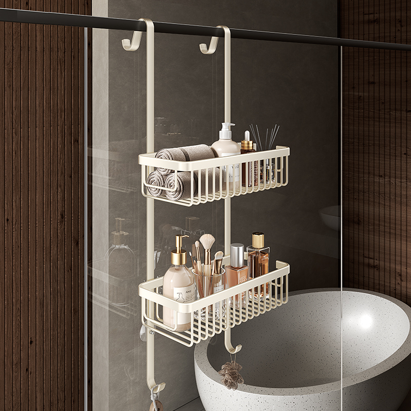 Cream White Solid Shower Room Hanging Basket Bathroom Toilet Shower Room Hanging Rack Glass Door Partition Storage Shelf