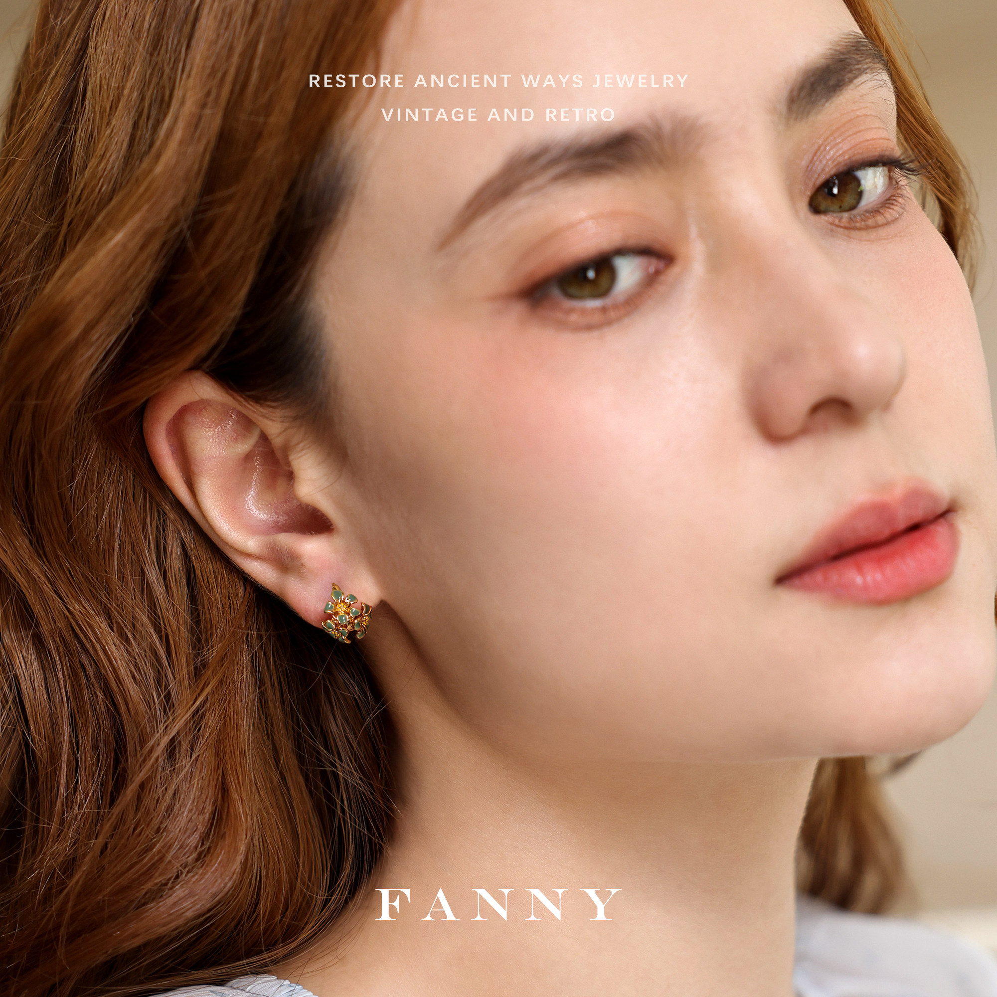 FANNY珐琅滴釉花朵耳钉18K包金S925银针中古耳环女气质时尚耳饰