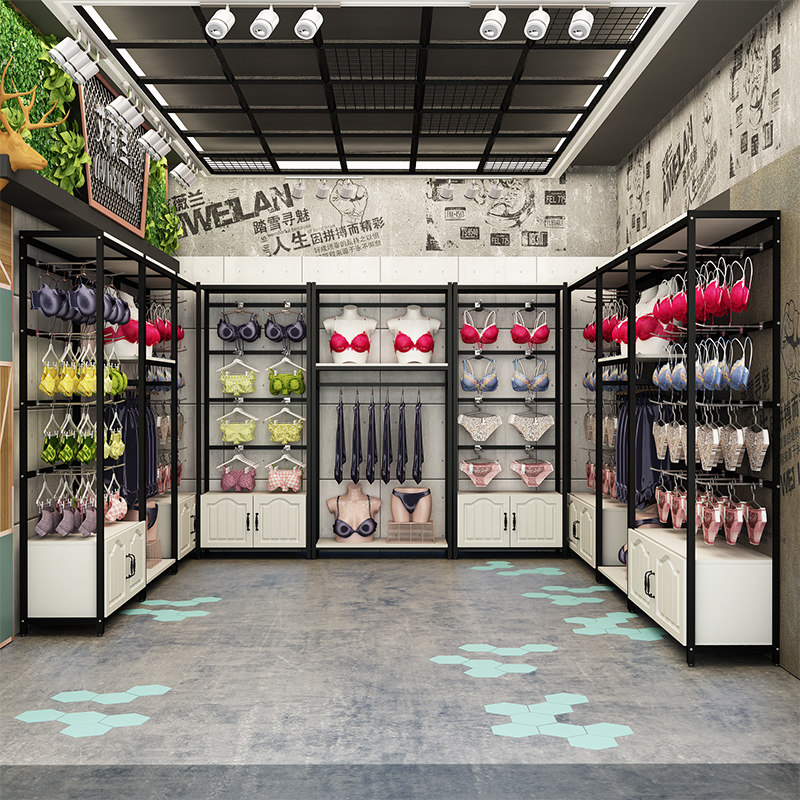 Lingerie shop shelves leaning against wall bra positive hanging side hanging ground underwear lingerie clothing shop display shelf gold