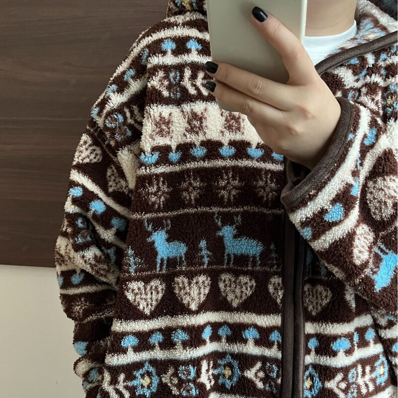 [Real Shot] Hongnan Rice Grain Fleece Fair Isle Reindeer Plush Zipper Pajamas Thick Warm Homewear Robe with Hood