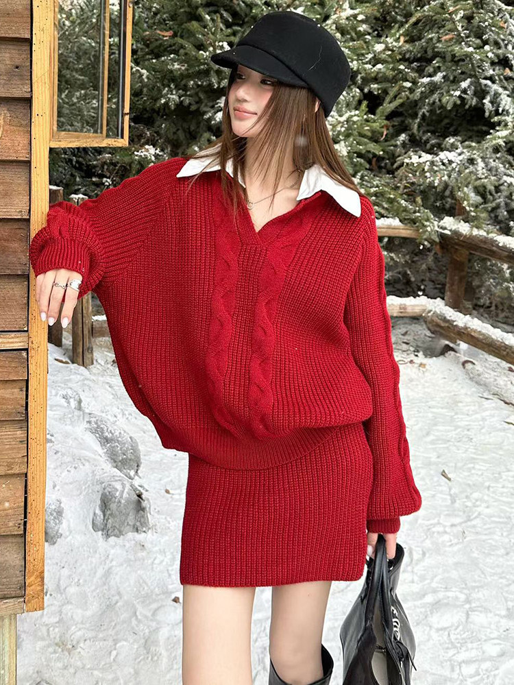 한 셔츠 칼라 스웨터 세트 여성 패치워크 색상 칼라 페이크 레이어드 맨위 하이웨이스트 미니 스커트 투피스 세트 상세 이미지 5