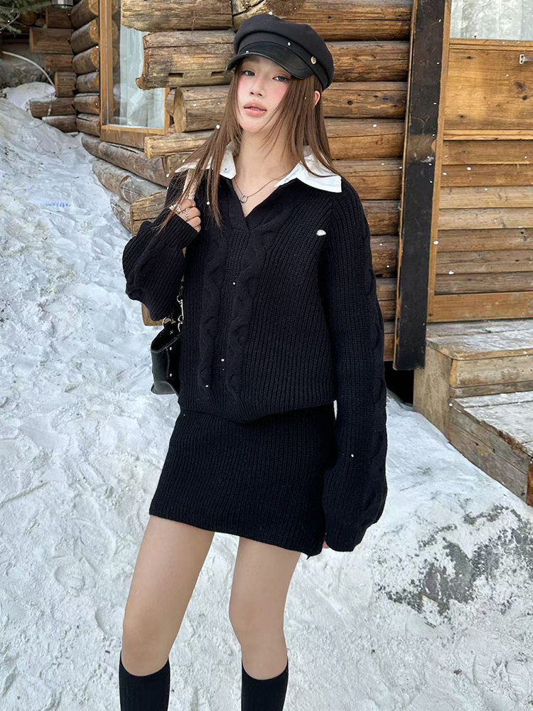 한 셔츠 칼라 스웨터 세트 여성 패치워크 색상 칼라 페이크 레이어드 맨위 하이웨이스트 미니 스커트 투피스 세트 상세 이미지 4
