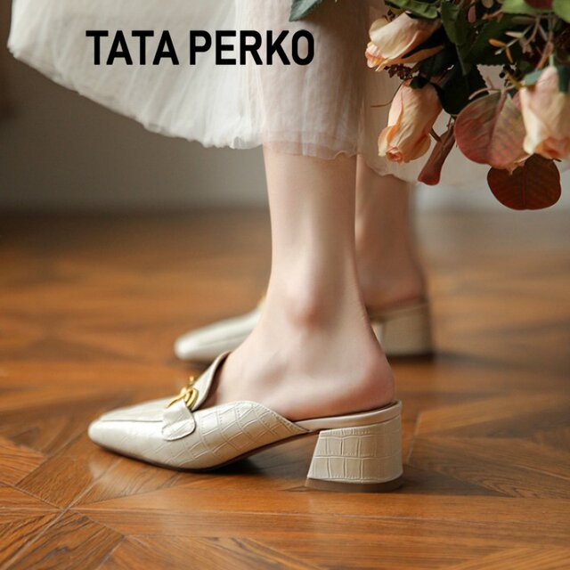 TATAPERKO ເກີບແມ່ຍິງຮ່ວມກາງ heeled toe half slippers ແມ່ຍິງ summer ສູງ heeled ຫນັງ mules sandals loafers