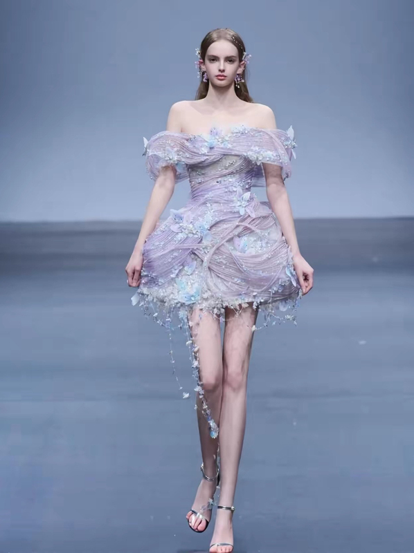 2026 New Model Dreamy Purple Off-Shoulder Heavy-Duty Luxury Gown for Hostess Birthday Ceremony Adult Ceremony Toast Dress Short Dress