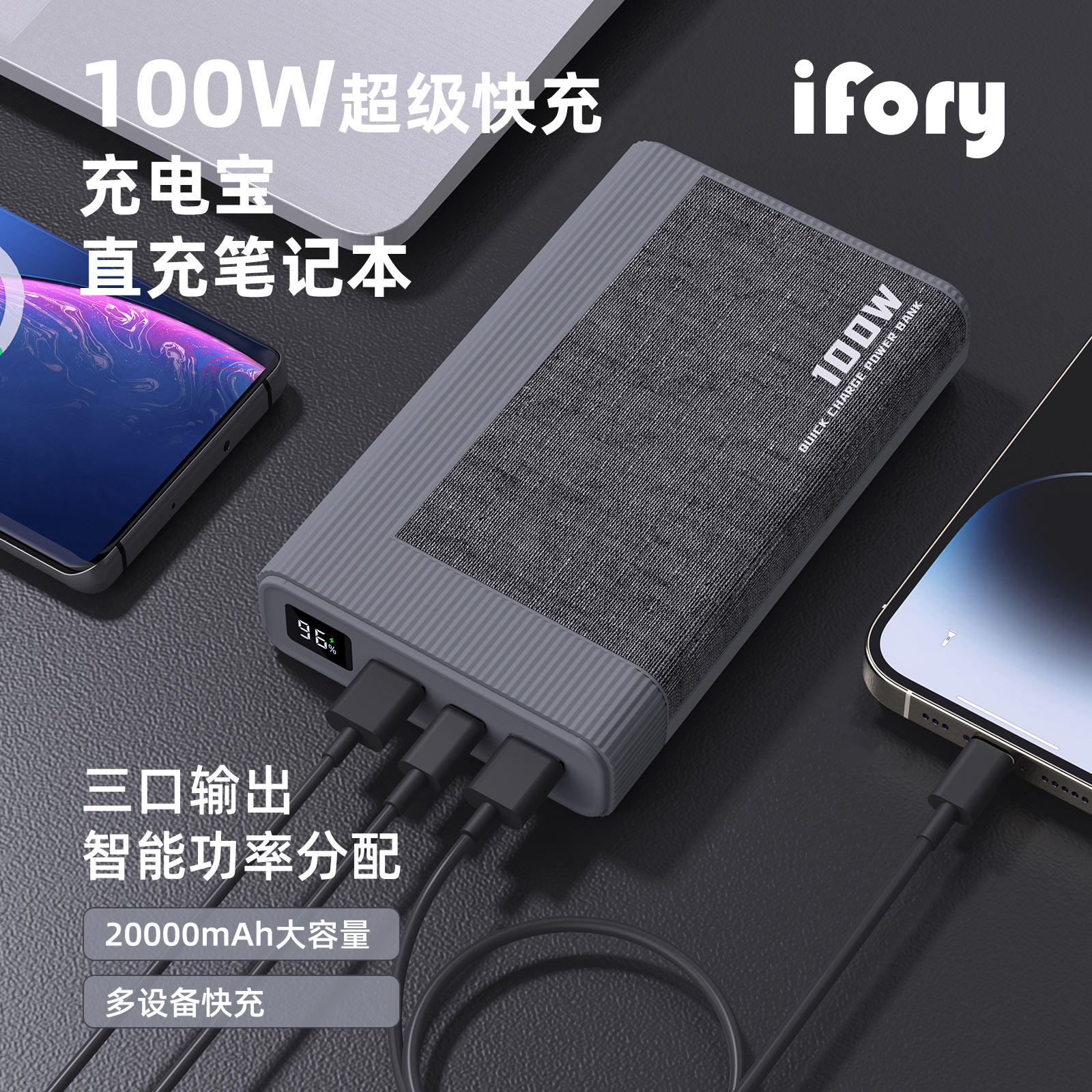 iFory 100w charging treasure 20000mAh large capacity PD fast charging power bank is suitable for Apple brand mobile phone Huawei Xiaomi 65w Apple laptop Macboo