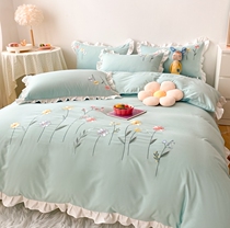 Net Red Girl heart bed four-piece princess style light color embroidery quilt cover polished cotton sheets bed hats