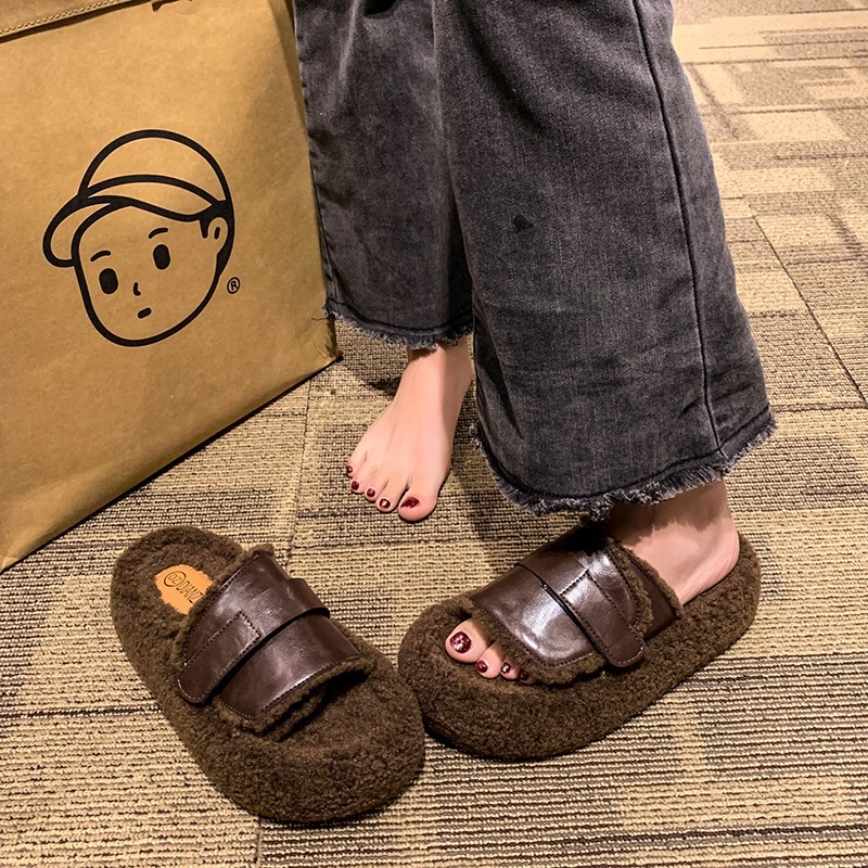 Japanese Gp Retro Lamb Wool Slippers for Women 2026 Autumn and Winter New Thick-Soled Comfortable Versatile Home Cotton Slippers