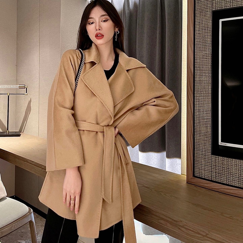 M's Max Water Ripple Pure Cashmere Gas Bathrobe with Belt, Mid-Length Short Coat for Women