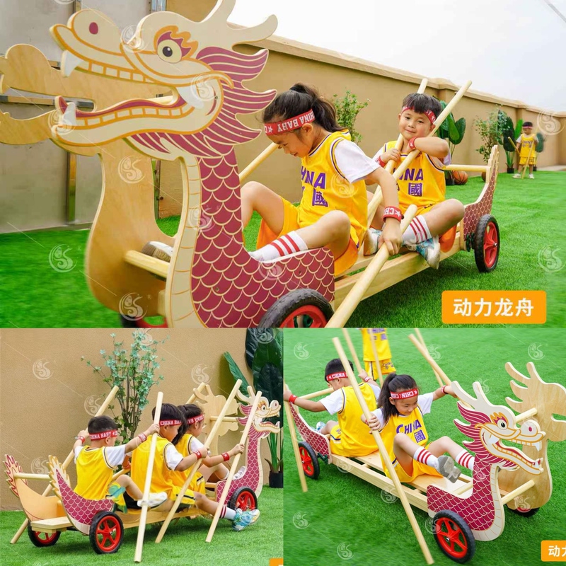 Dragon Boat Pulley Cart for Kindergarten, Multi-Player Game, Power Train Sensory Training, Wooden Paddle Cart Dragon Boat Pulley Cart for Kindergarten, Multi-Player Game, Power Train Sensory Training, Wooden Paddle Cart