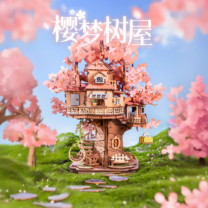 Rolife Sakura Dream Tree House 3D Stereo Puzzle Building Blocks Toy Handmade Wooden Assembly Model Birthday Gift