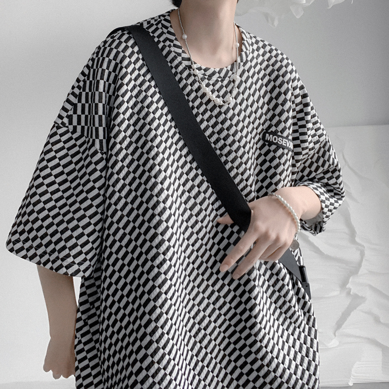 Short Sleeve T-Shirt Summer Men's Tide Cards Ins Loose Harbor Wind Half Sleeve T-shirt 100 Hitch Oversize Waffle Top