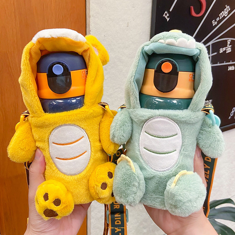 Creative intelligent display temperature thermos cup cute cartoon plush cup set children's water cup portable with straw cup