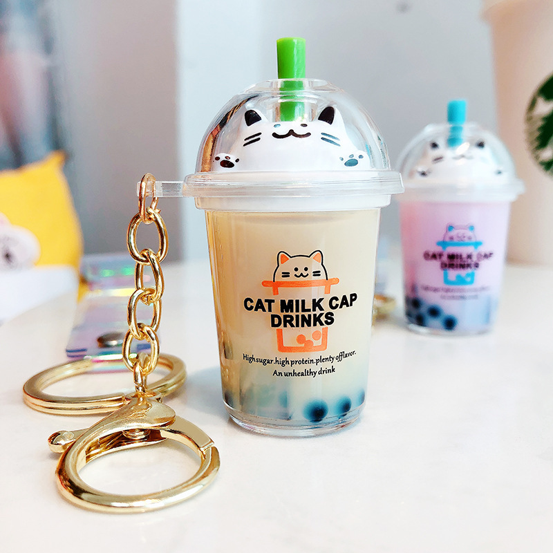 Car Keychain Cute Liquid Sand Cat Milk Tea Cup Backpack Pendant ins Creative Trendy Floating Ornament for Girls