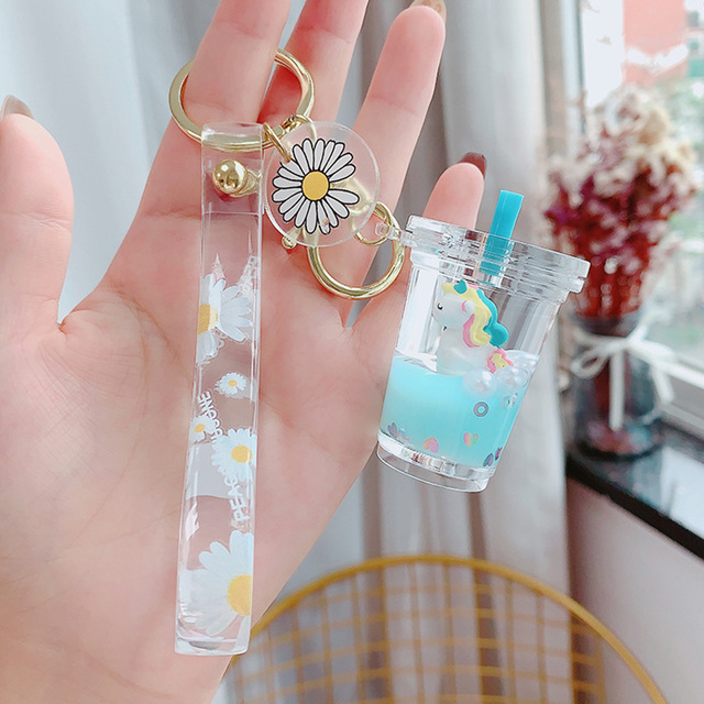 Light Blue Unicorn Milk Tea Bottlea bag unicorn Milk tea cup Pendant Key buckle female delicate ins lovely Internet celebrity originality girl Bag Hanging decoration