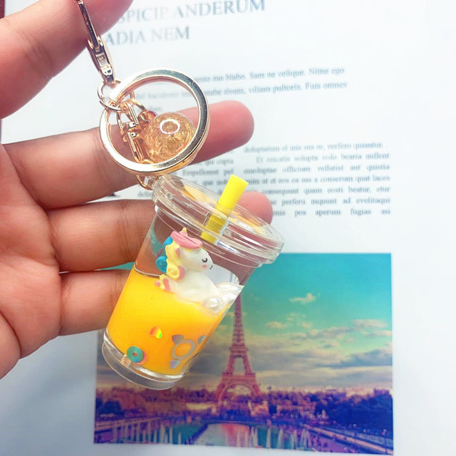 Yellow Unicorn Milk Tea Cup + Crystal Balla bag unicorn Milk tea cup Pendant Key buckle female delicate ins lovely Internet celebrity originality girl Bag Hanging decoration