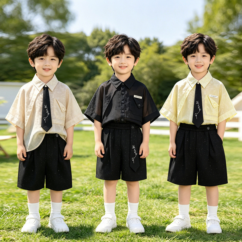 Children's Suit Summer New Short-Sleeved Shirt Suit Boys' Breathable Korean Style Casual Performance Dress for Children's Day Activities