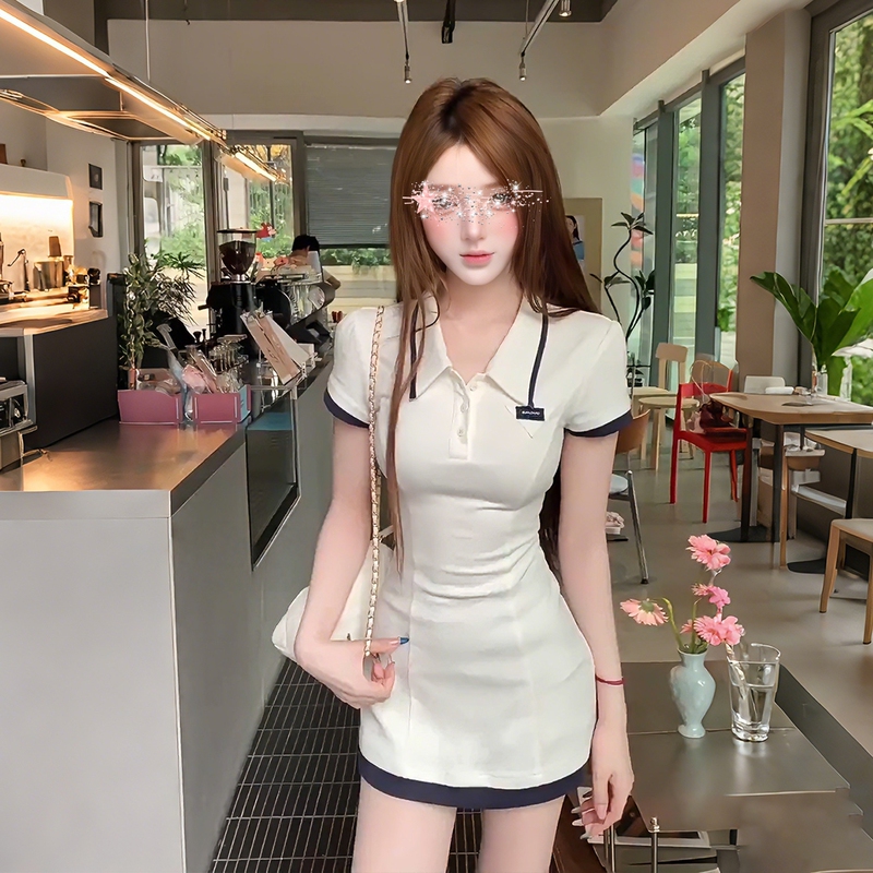 French-Style Academy-Style Polo Collar Short-Sleeve Dress for Women, New Summer Model, Waist-Cinching, Slimming, Bodycon, Color-Blocked A-Line Dress French-Style Academy-Style Polo Collar Short-Sleeve Dress for Women, New Summer Model, Waist-Cinching, Slimming, Bodycon, Color-Blocked A-Line Dress