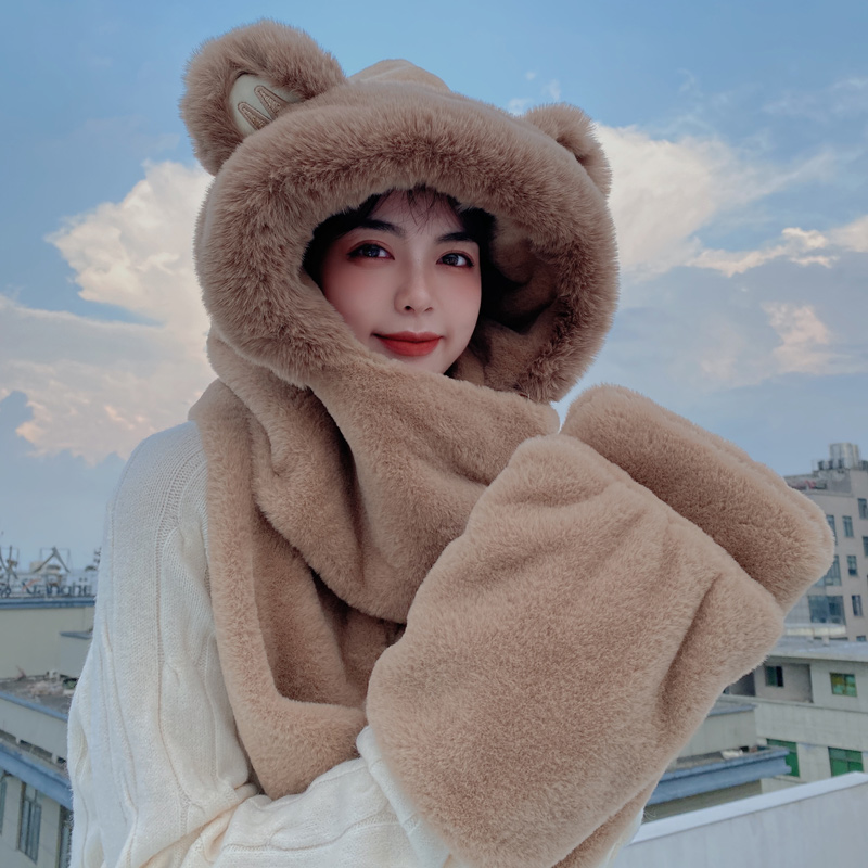 Hat women's autumn and winter bear scarf gloves all-in-one three-piece set cute trendy children's plush hooded scarf to keep warm